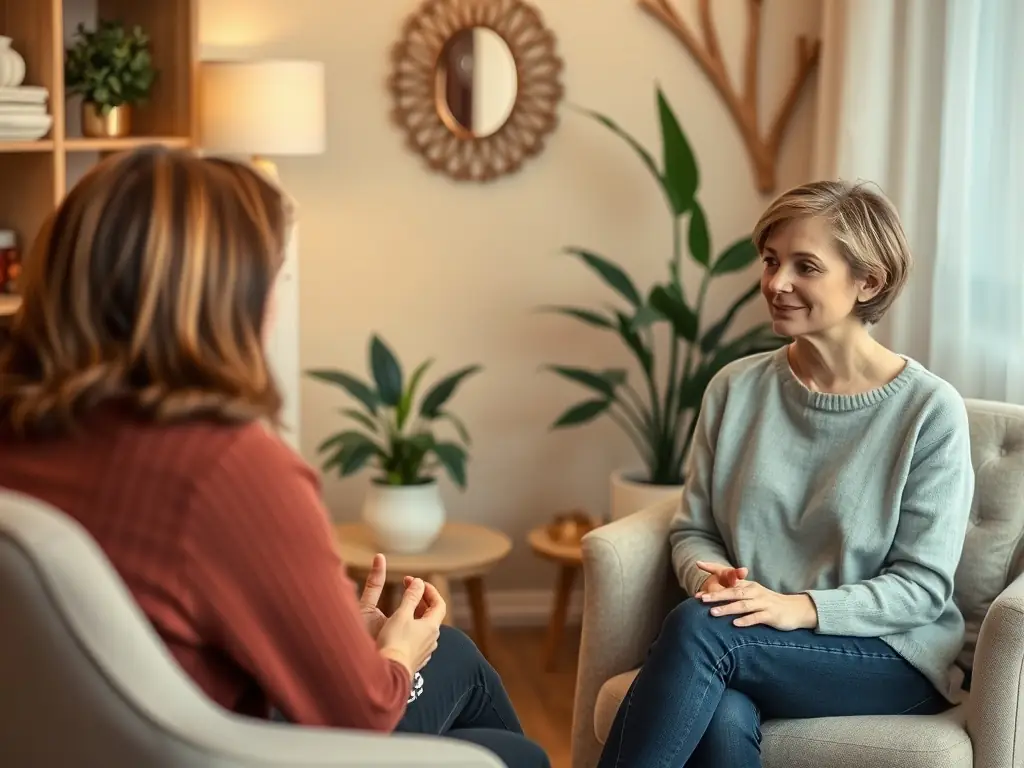 An image showing a counselor and client in a supportive conversation, emphasizing empathy and understanding, illustrating the supportive environment provided by faith-based counseling.