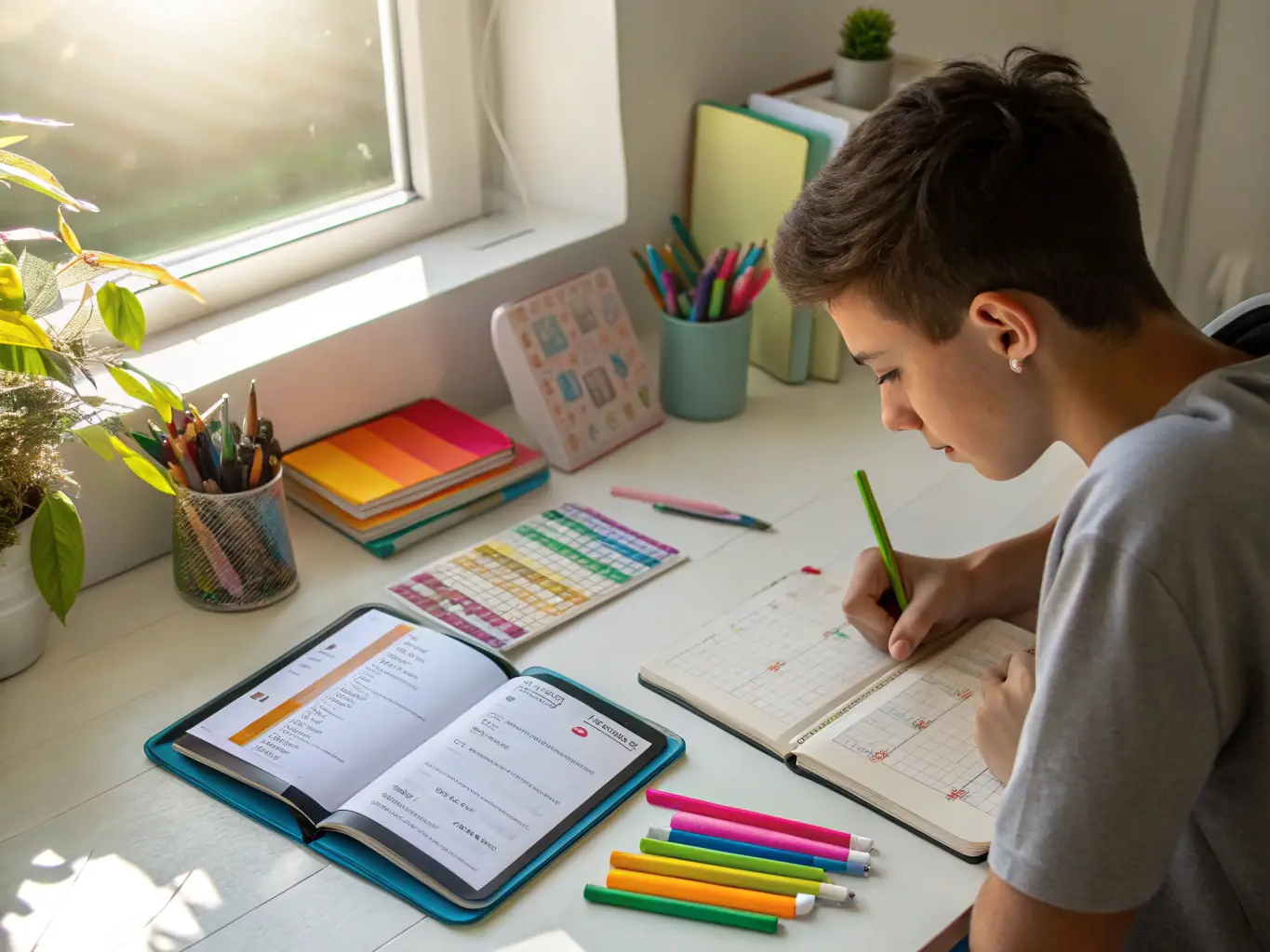A student is organizing their schoolwork with a planner and color-coded notes, showcasing improved organizational skills and academic readiness.