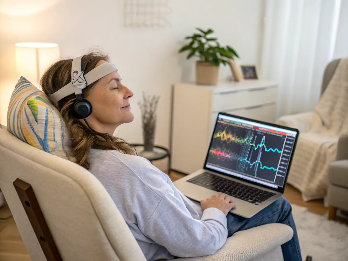 A child is sitting comfortably wearing a neurofeedback headset, engaged in a computer game. The scene is calm and focused, illustrating the neurofeedback therapy session.