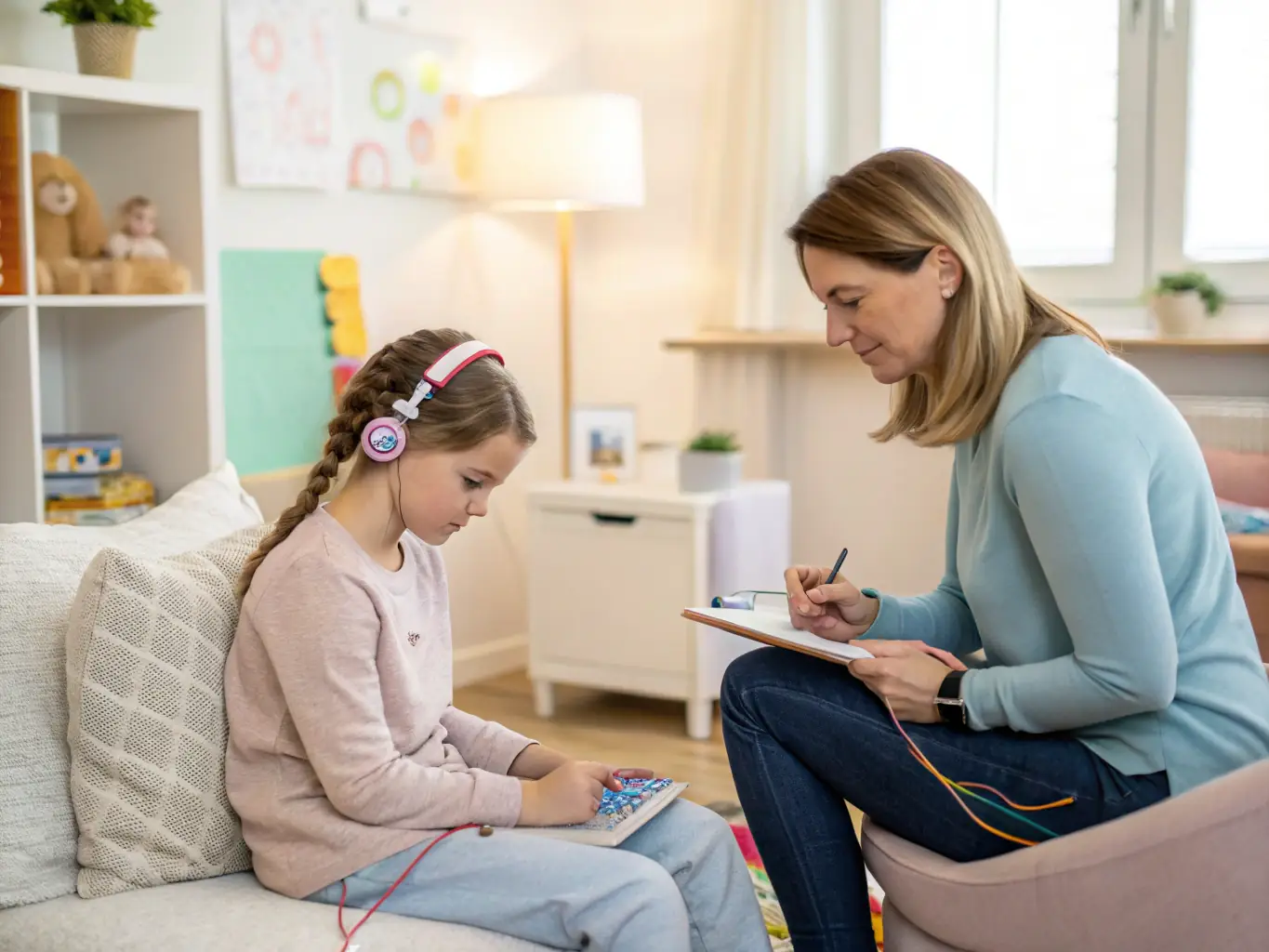 A therapist working with a child using neurofeedback equipment, illustrating the medication-free approach to ADHD support.