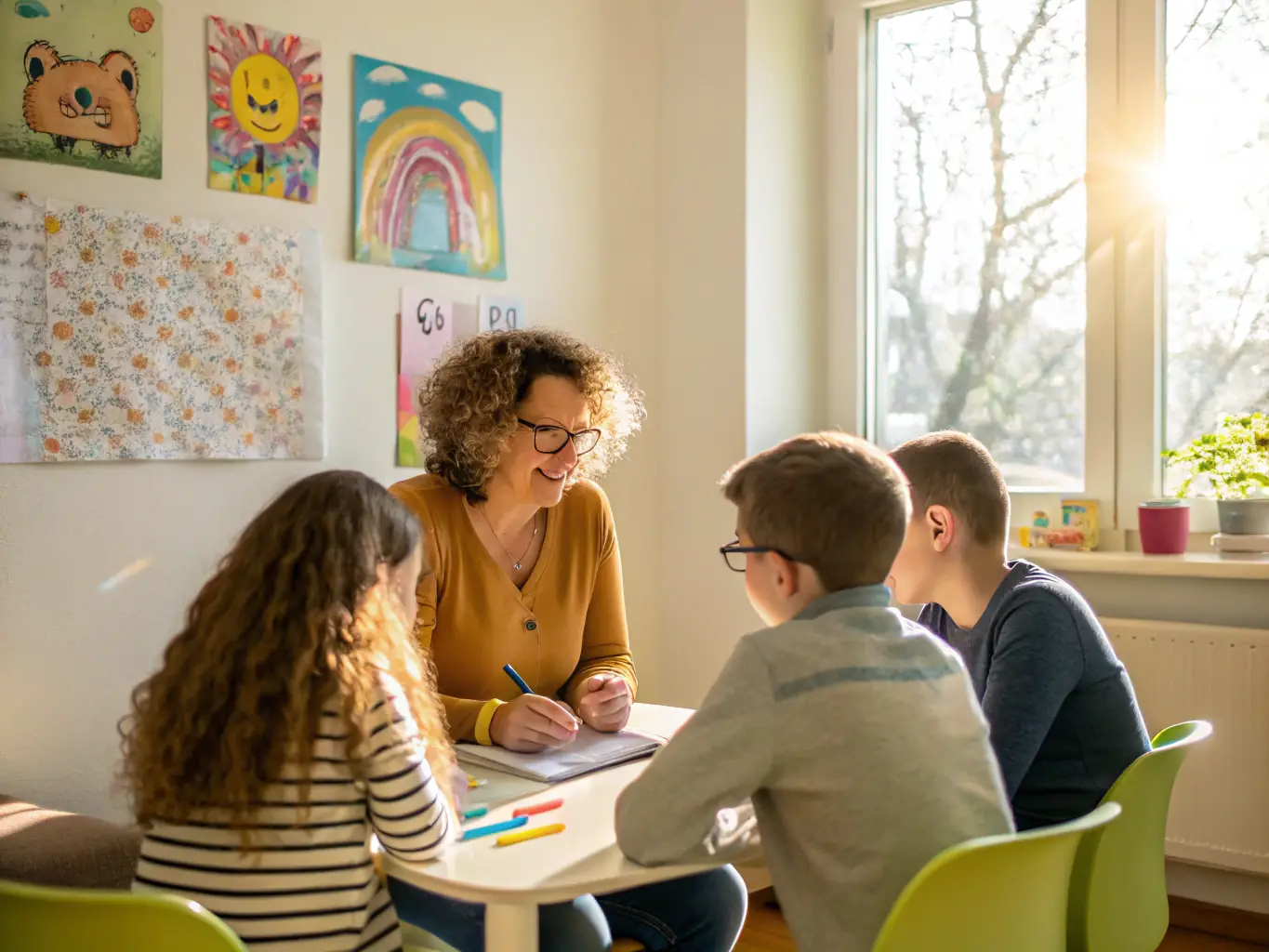 A parent and child are engaged in a counseling session, sitting across from a therapist in a warm, inviting office setting. The image conveys support and understanding.