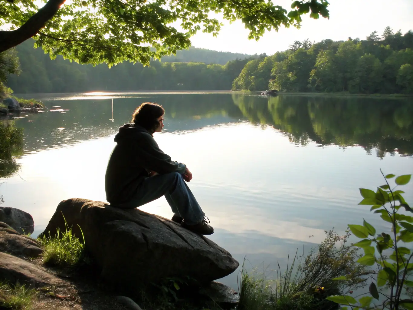 A serene image depicting a person in quiet reflection in a natural setting, symbolizing inner peace and spiritual connection, representing the emotional and spiritual benefits of faith-based counseling.
