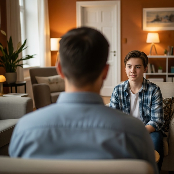 Teen therapy session showing a collaborative conversation between a therapist and an adolescent.