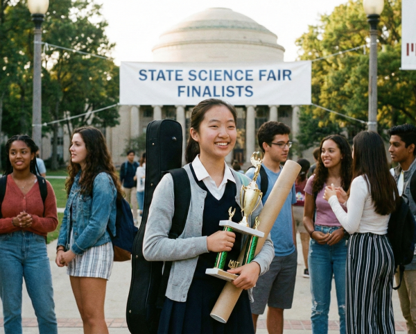 Small group of high-achieving teens collaborating and supporting one another