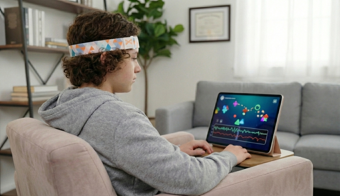 Teenager doing neurofeedback training with headband sensors