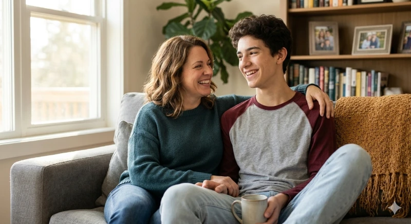 A mother having a calm, open conversation with her teenage son — supporting adolescents with social anxiety and humor