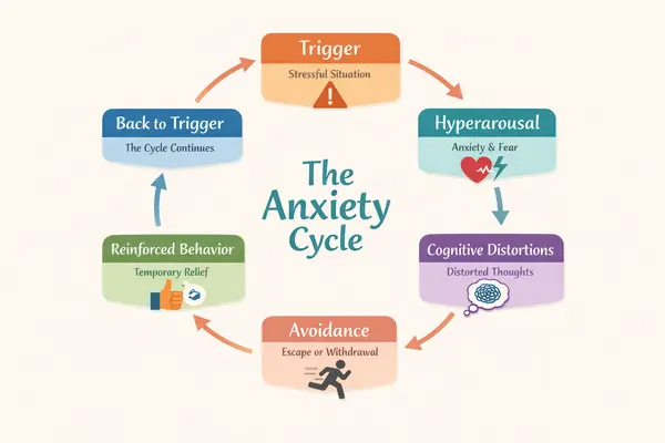 Infographic showing the six stages of the anxiety cycle: trigger, hyperarousal, cognitive distortion, avoidance, reinforced relief, and back to trigger