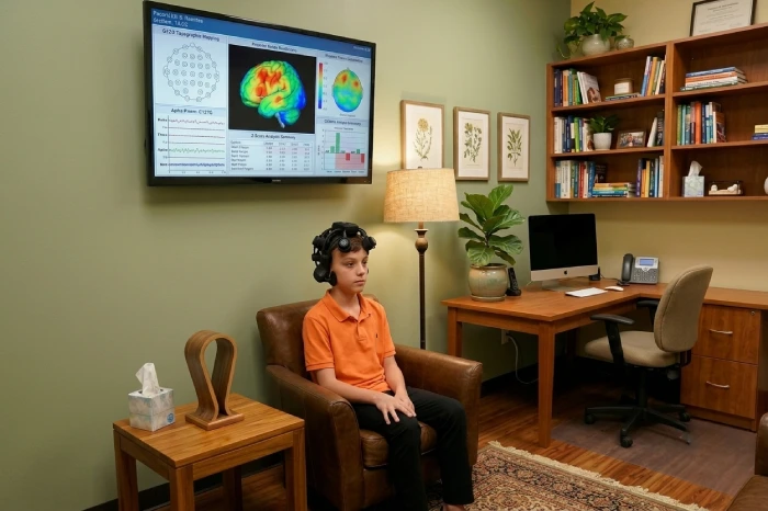 QEEG neurofeedback brain map showing brainwave frequency patterns used to guide teen brain training