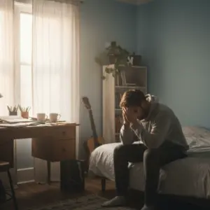 Young man in his room depressed